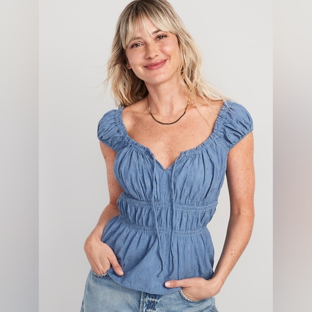Short-Sleeve Smocked Floral-Eyelet Top